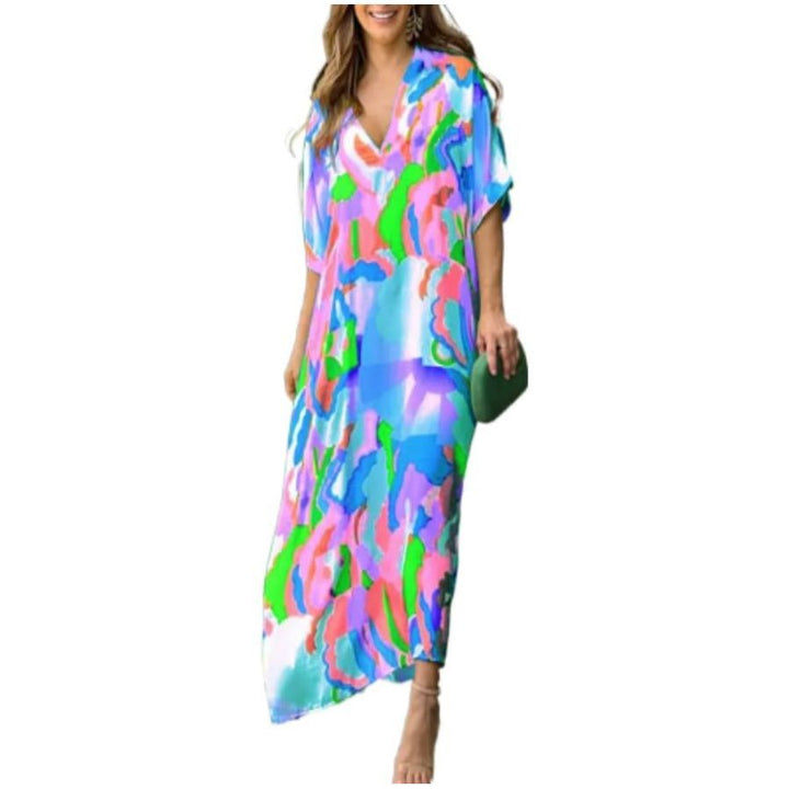 Casual Ladies Holiday Seaside Beach Dress Summer Print Half Sleeve