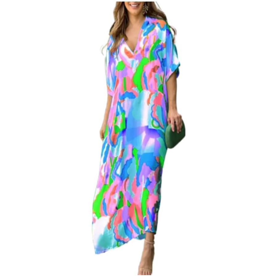 Casual Ladies Holiday Seaside Beach Dress Summer Print Half Sleeve