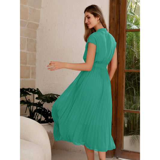 Paintcolors Women's Short Sleeve Pleated Long Maxi Dress V Neck Elastic Waist Ombre Solid Summer Beach Chiffon Flowy Sundress