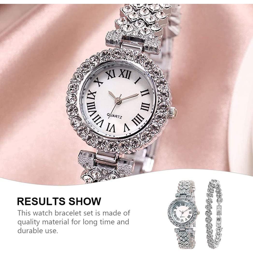 Goodern Rhinestone Watch Set Shiny Quartz Wrist Watch Luxury Diamond Shining Bling Watches with Stainless Steel Bracelet Gift for Wife Women Girls Friends Birthday Present Valentines Day - Silver
