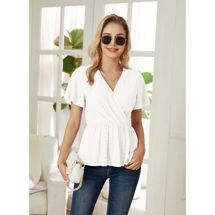GRACE KARIN Womens Wrap Tops V Neck Eyelet Top Ruffle Sleeve Peplum Blouse 2023 Summer Casual T Shirts