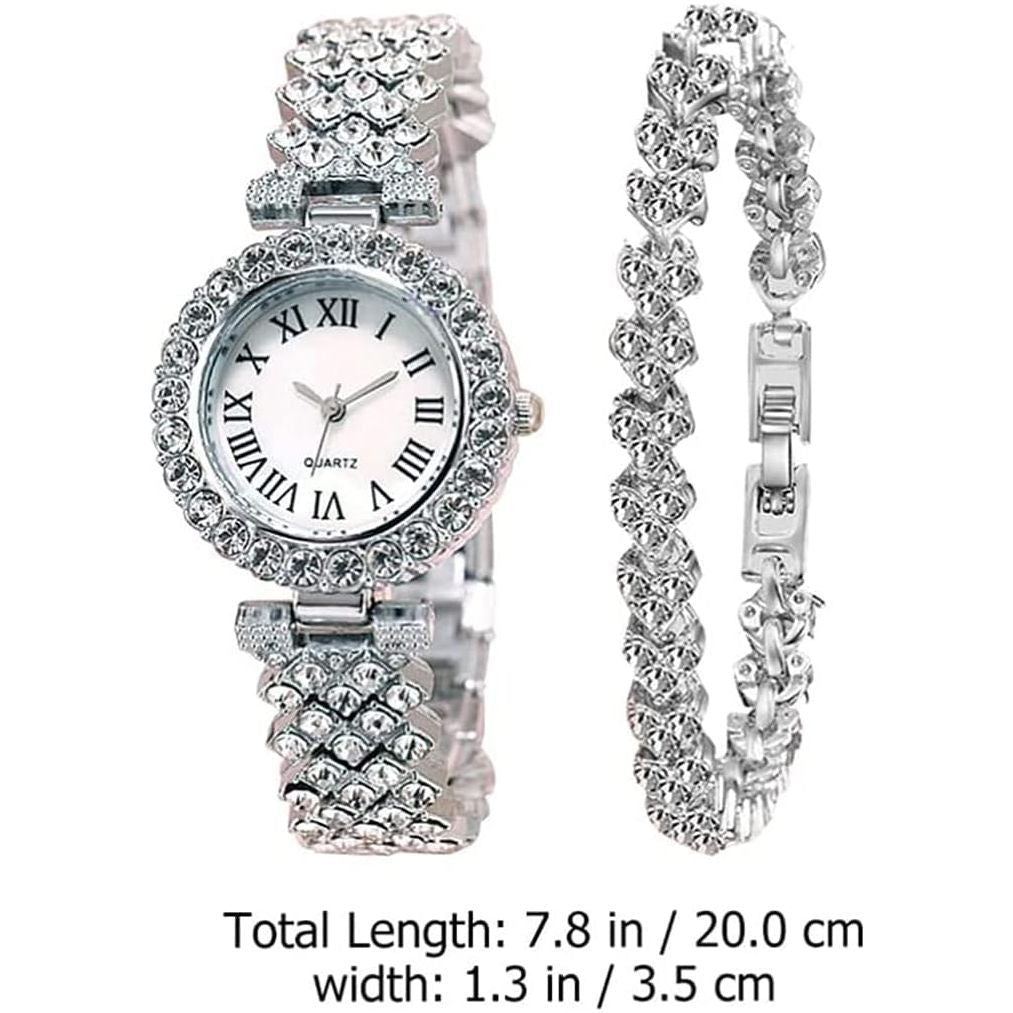 Goodern Rhinestone Watch Set Shiny Quartz Wrist Watch Luxury Diamond Shining Bling Watches with Stainless Steel Bracelet Gift for Wife Women Girls Friends Birthday Present Valentines Day - Silver