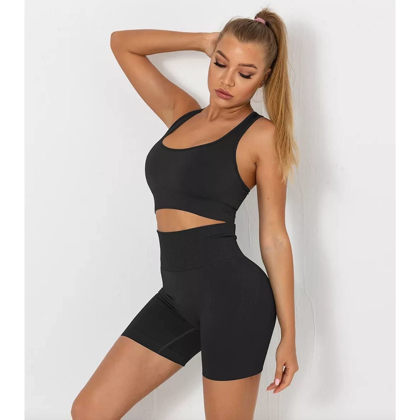 Seamless Women's Yoga Set Gym Wear, Workout Fitness Clothes, Sports Crop Top and Cycling Short, Tracksuit Two Piece Outfit (S)