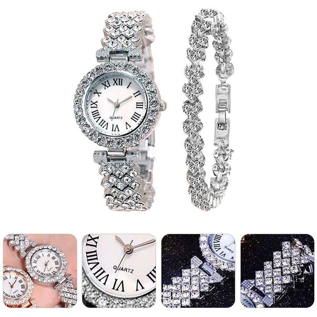 Goodern Rhinestone Watch Set Shiny Quartz Wrist Watch Luxury Diamond Shining Bling Watches with Stainless Steel Bracelet Gift for Wife Women Girls Friends Birthday Present Valentines Day - Silver