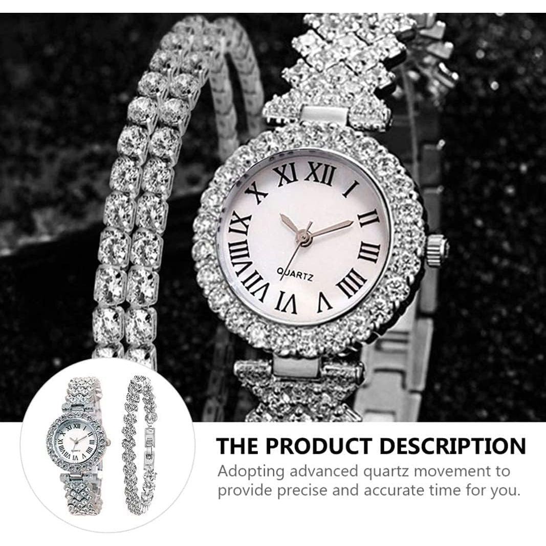 Goodern Rhinestone Watch Set Shiny Quartz Wrist Watch Luxury Diamond Shining Bling Watches with Stainless Steel Bracelet Gift for Wife Women Girls Friends Birthday Present Valentines Day - Silver