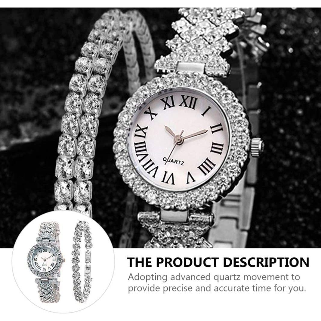 Goodern Rhinestone Watch Set Shiny Quartz Wrist Watch Luxury Diamond Shining Bling Watches with Stainless Steel Bracelet Gift for Wife Women Girls Friends Birthday Present Valentines Day - Silver