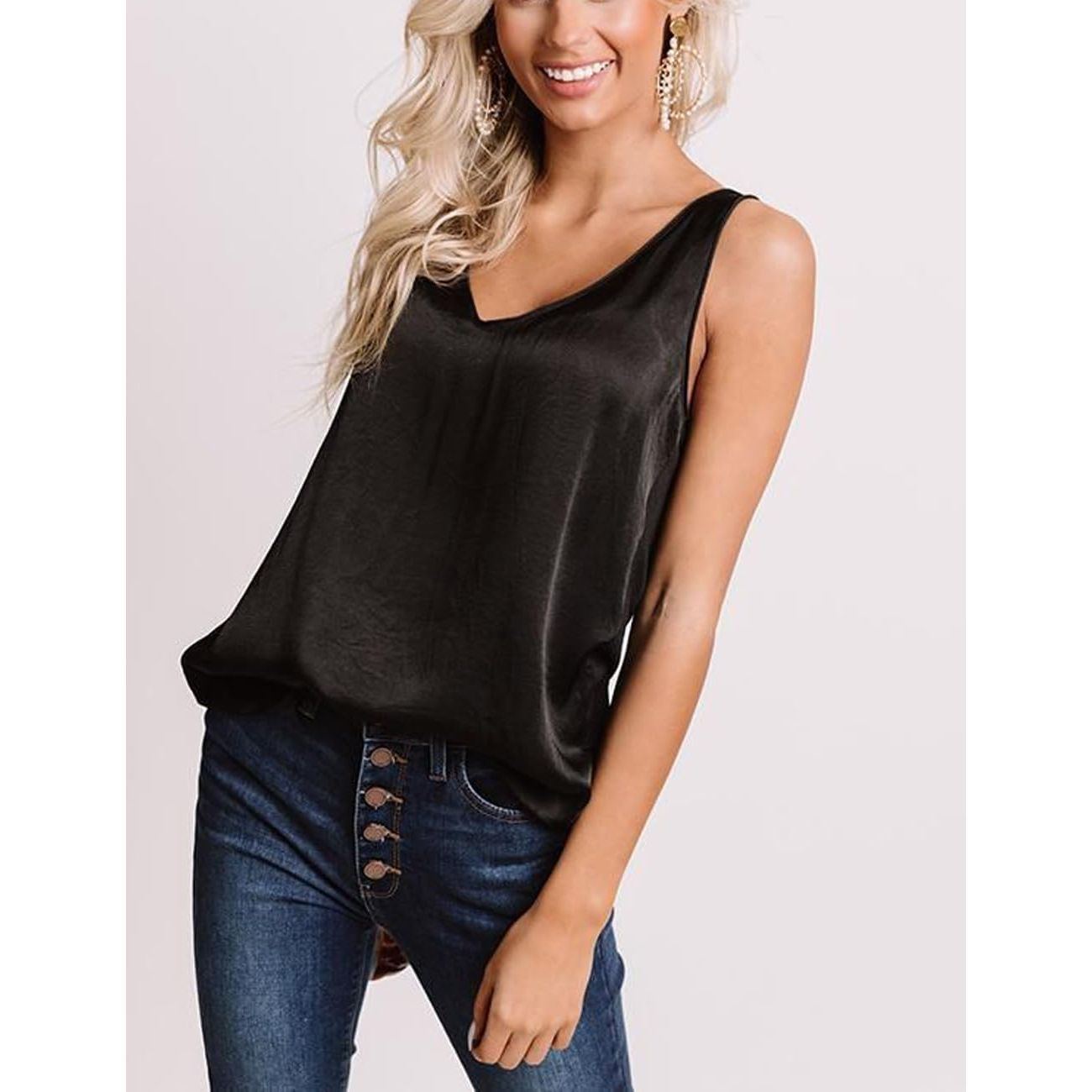 Elapse Space Womens Silk Satin Tank Tops V Neck Casual Camisole Blouses Sleeveless Tank Top Summer Basic Tank Shirt