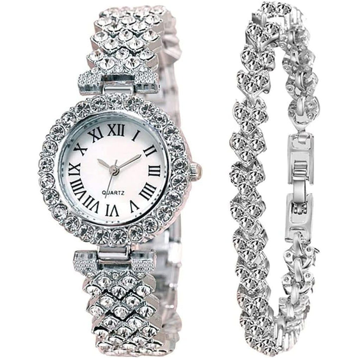 Goodern Rhinestone Watch Set Shiny Quartz Wrist Watch Luxury Diamond Shining Bling Watches with Stainless Steel Bracelet Gift for Wife Women Girls Friends Birthday Present Valentines Day - Silver