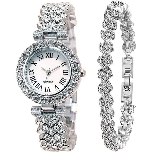 Goodern Rhinestone Watch Set Shiny Quartz Wrist Watch Luxury Diamond Shining Bling Watches with Stainless Steel Bracelet Gift for Wife Women Girls Friends Birthday Present Valentines Day - Silver