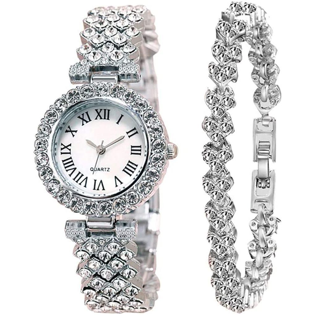 Goodern Rhinestone Watch Set Shiny Quartz Wrist Watch Luxury Diamond Shining Bling Watches with Stainless Steel Bracelet Gift for Wife Women Girls Friends Birthday Present Valentines Day - Silver