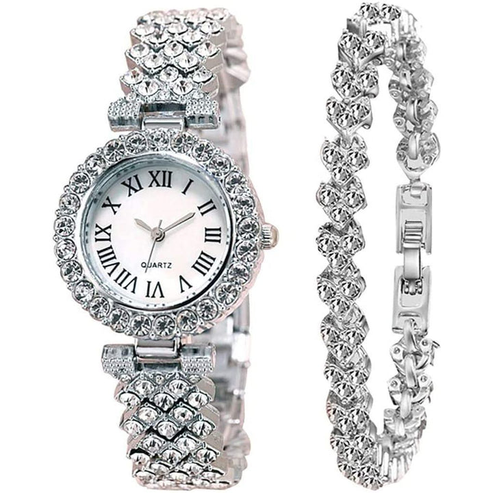 Goodern Rhinestone Watch Set Shiny Quartz Wrist Watch Luxury Diamond Shining Bling Watches with Stainless Steel Bracelet Gift for Wife Women Girls Friends Birthday Present Valentines Day - Silver