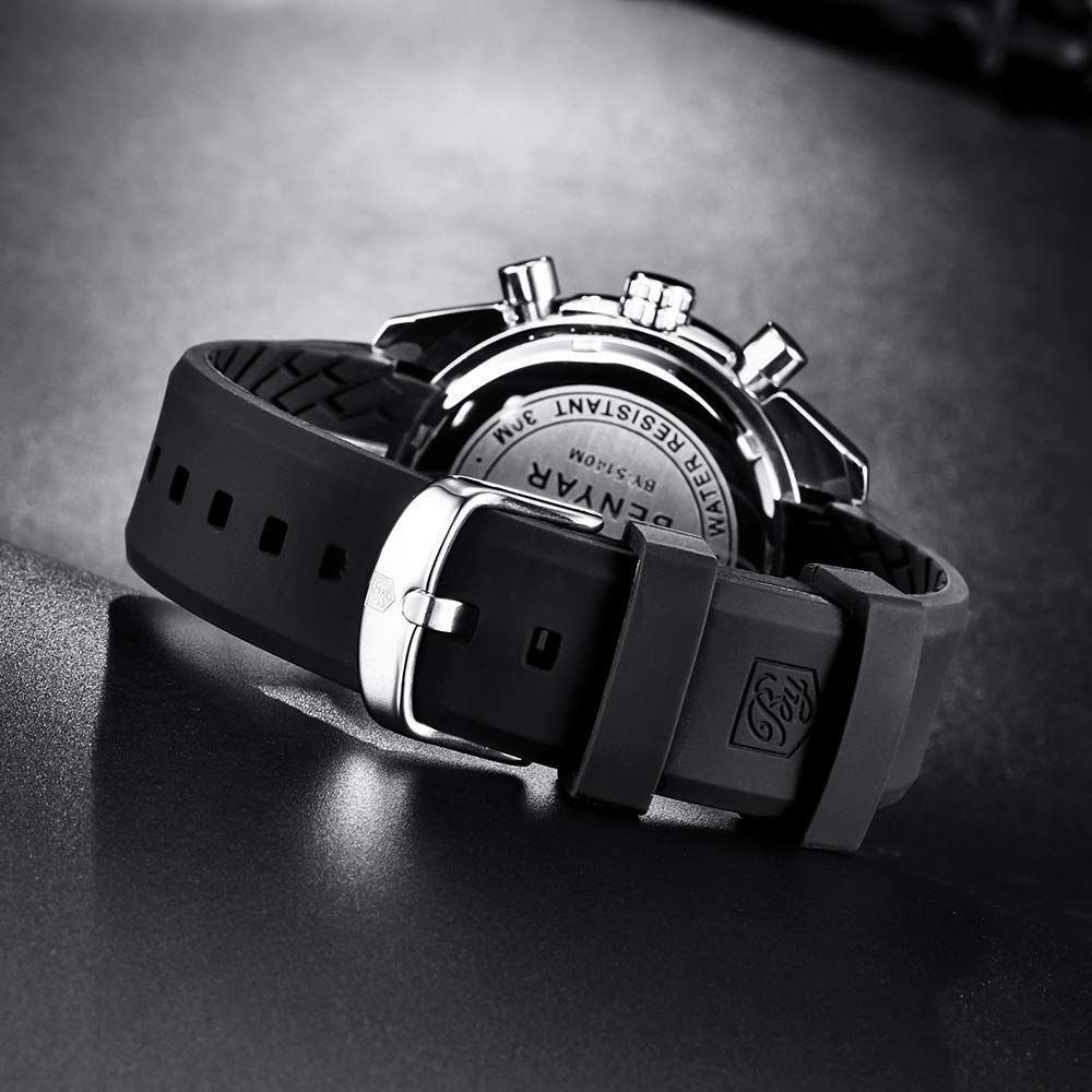BY BENYAR Watches for Men Silicone/Stainless Steel/Brown Leather Strap 30M Waterproof Quartz Chronograph Men Watches Business Casual Wrist Watch Gifts for Men