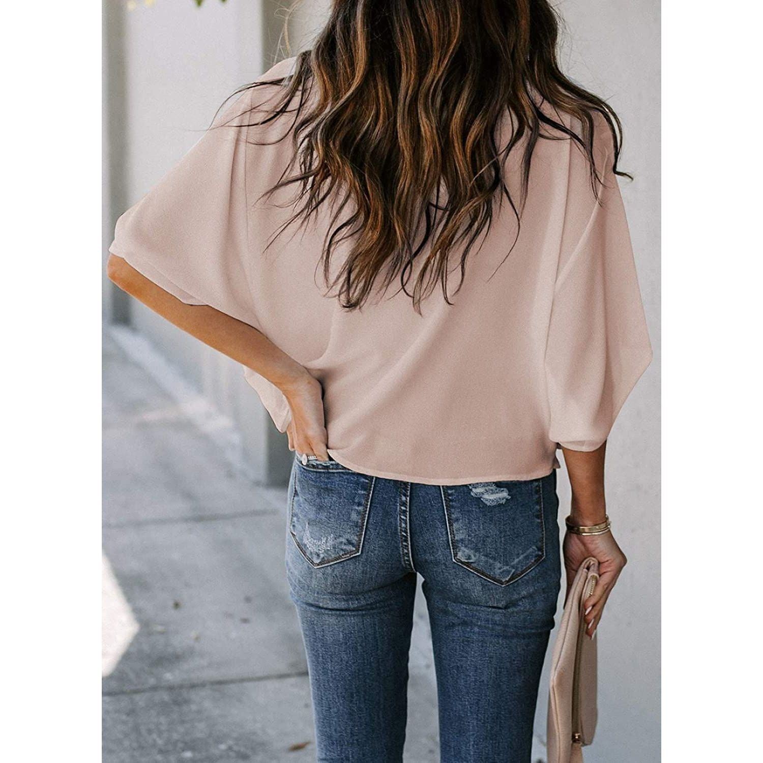 Womens Summer Short Sleeve Blouses Tops V Neckline Casual Chiffon Solid Color Shirts