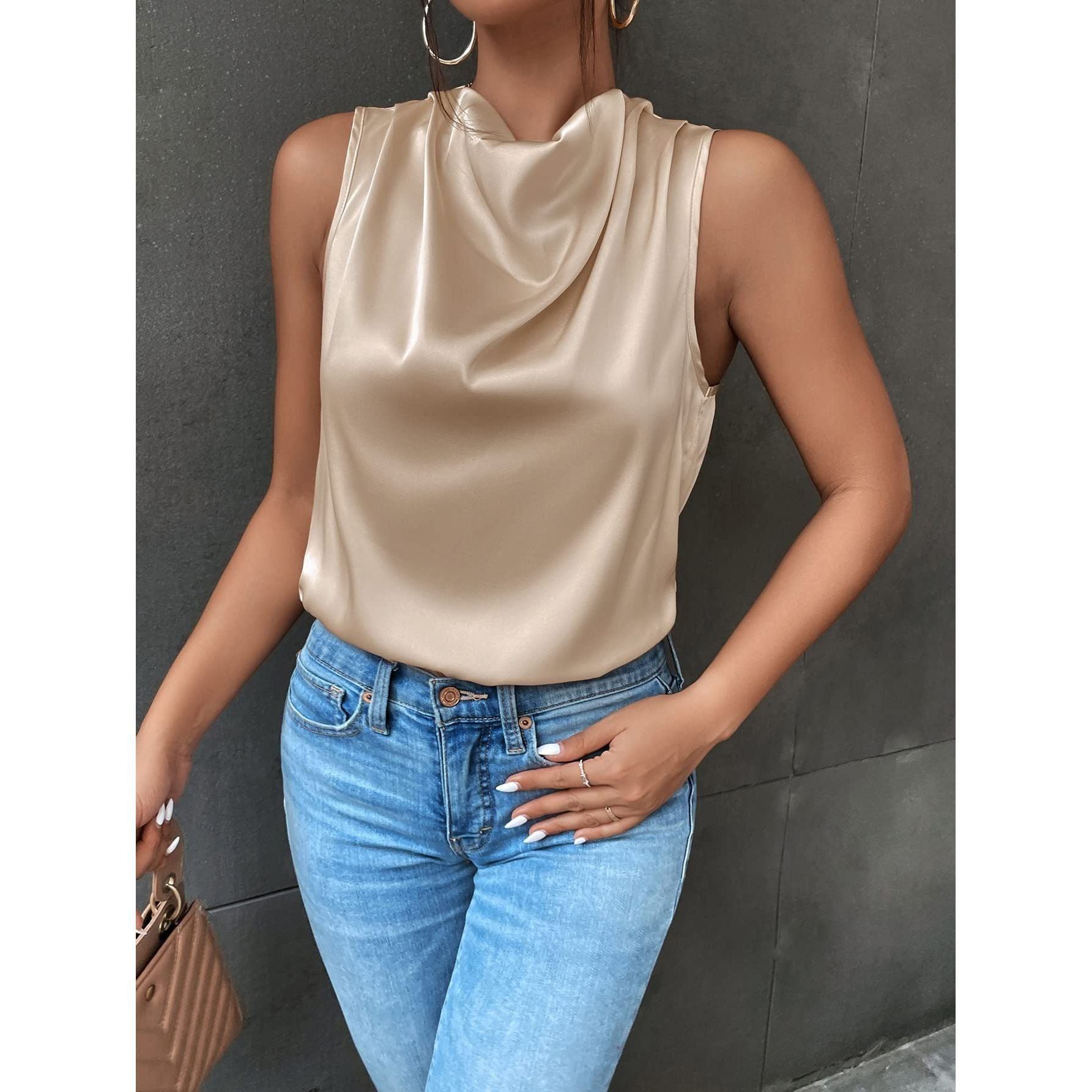 GORGLITTER Women's Elegant Cowl Neck Sleeveless Satin Draped Blouse Top