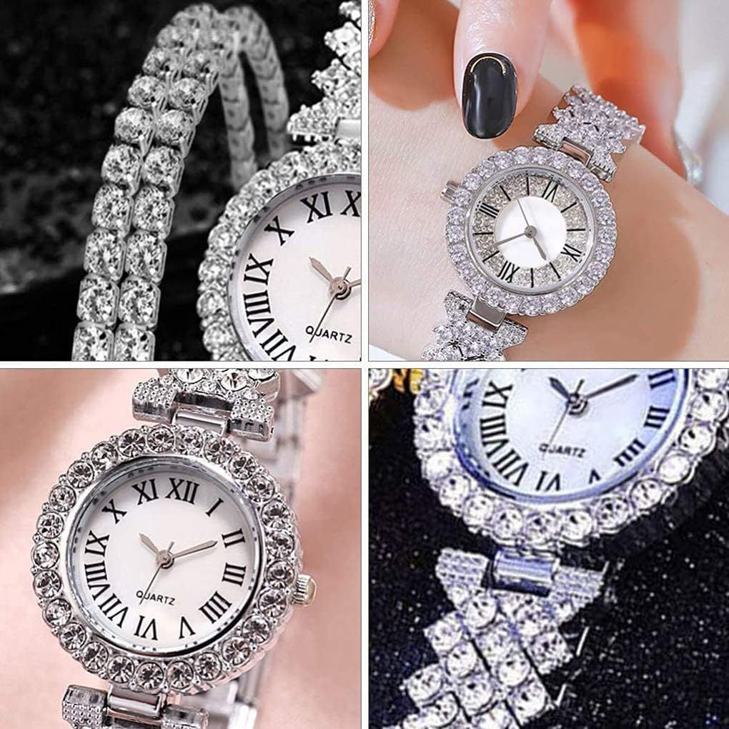 Goodern Rhinestone Watch Set Shiny Quartz Wrist Watch Luxury Diamond Shining Bling Watches with Stainless Steel Bracelet Gift for Wife Women Girls Friends Birthday Present Valentines Day - Silver