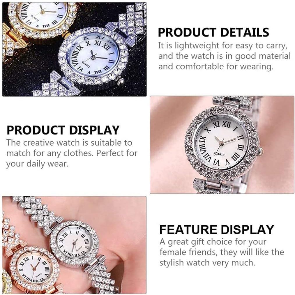 Goodern Rhinestone Watch Set Shiny Quartz Wrist Watch Luxury Diamond Shining Bling Watches with Stainless Steel Bracelet Gift for Wife Women Girls Friends Birthday Present Valentines Day - Silver