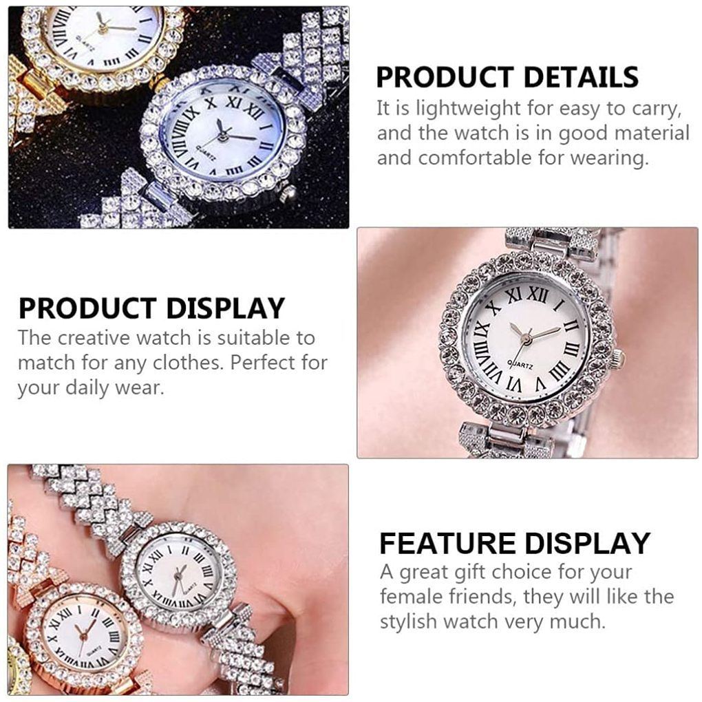 Goodern Rhinestone Watch Set Shiny Quartz Wrist Watch Luxury Diamond Shining Bling Watches with Stainless Steel Bracelet Gift for Wife Women Girls Friends Birthday Present Valentines Day - Silver