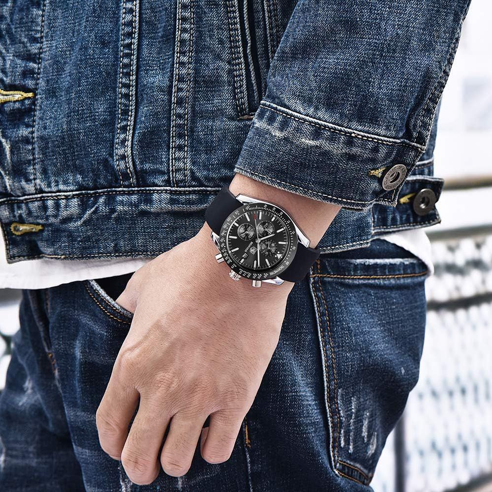 BY BENYAR Watches for Men Silicone/Stainless Steel/Brown Leather Strap 30M Waterproof Quartz Chronograph Men Watches Business Casual Wrist Watch Gifts for Men