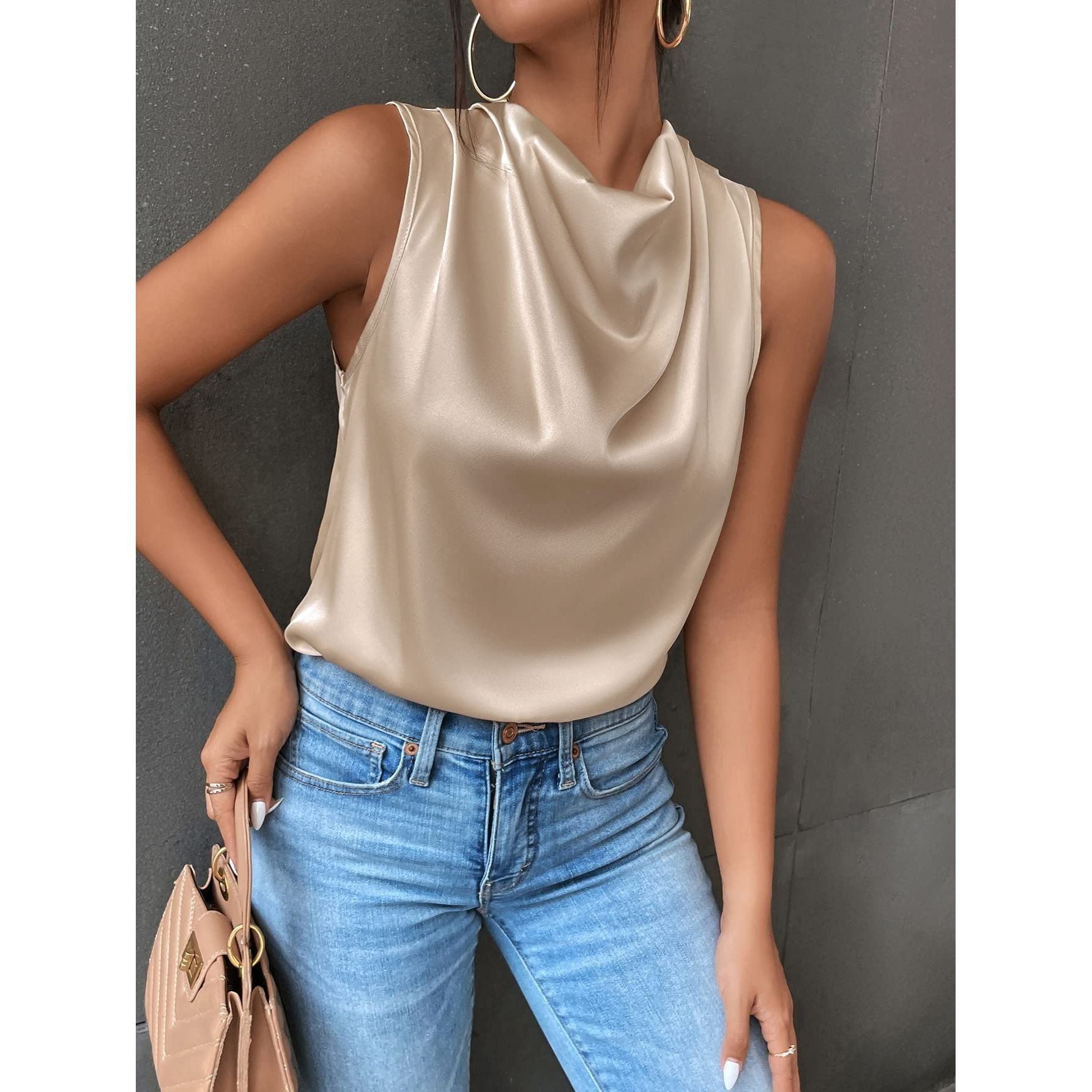 GORGLITTER Women's Elegant Cowl Neck Sleeveless Satin Draped Blouse Top