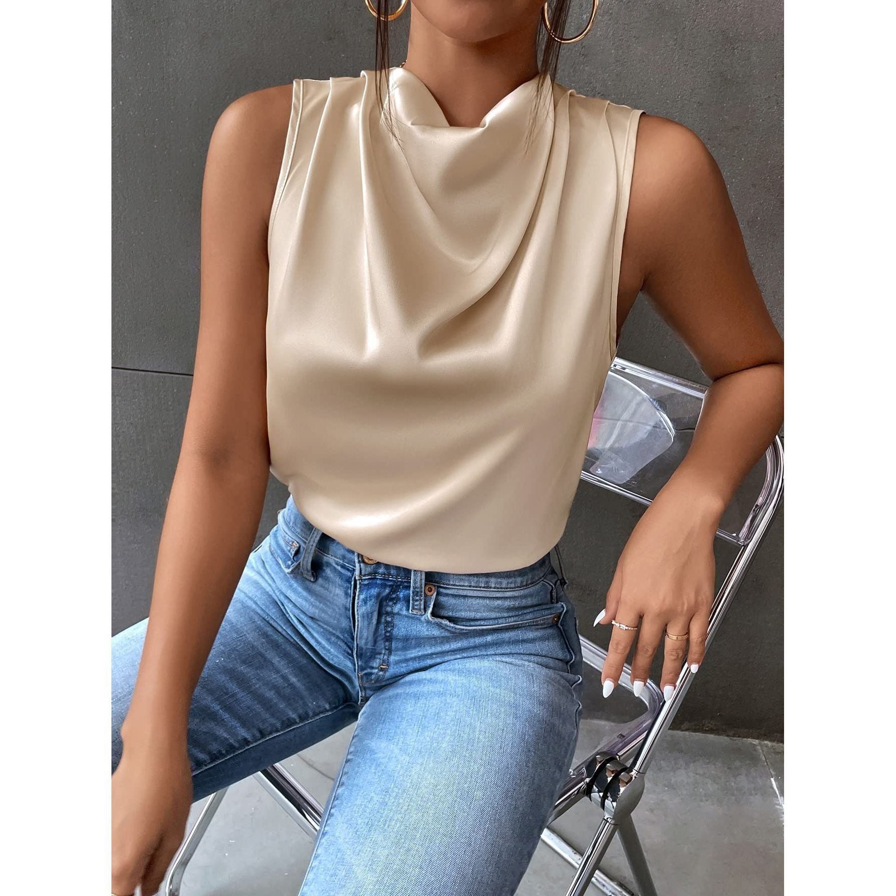 GORGLITTER Women's Elegant Cowl Neck Sleeveless Satin Draped Blouse Top