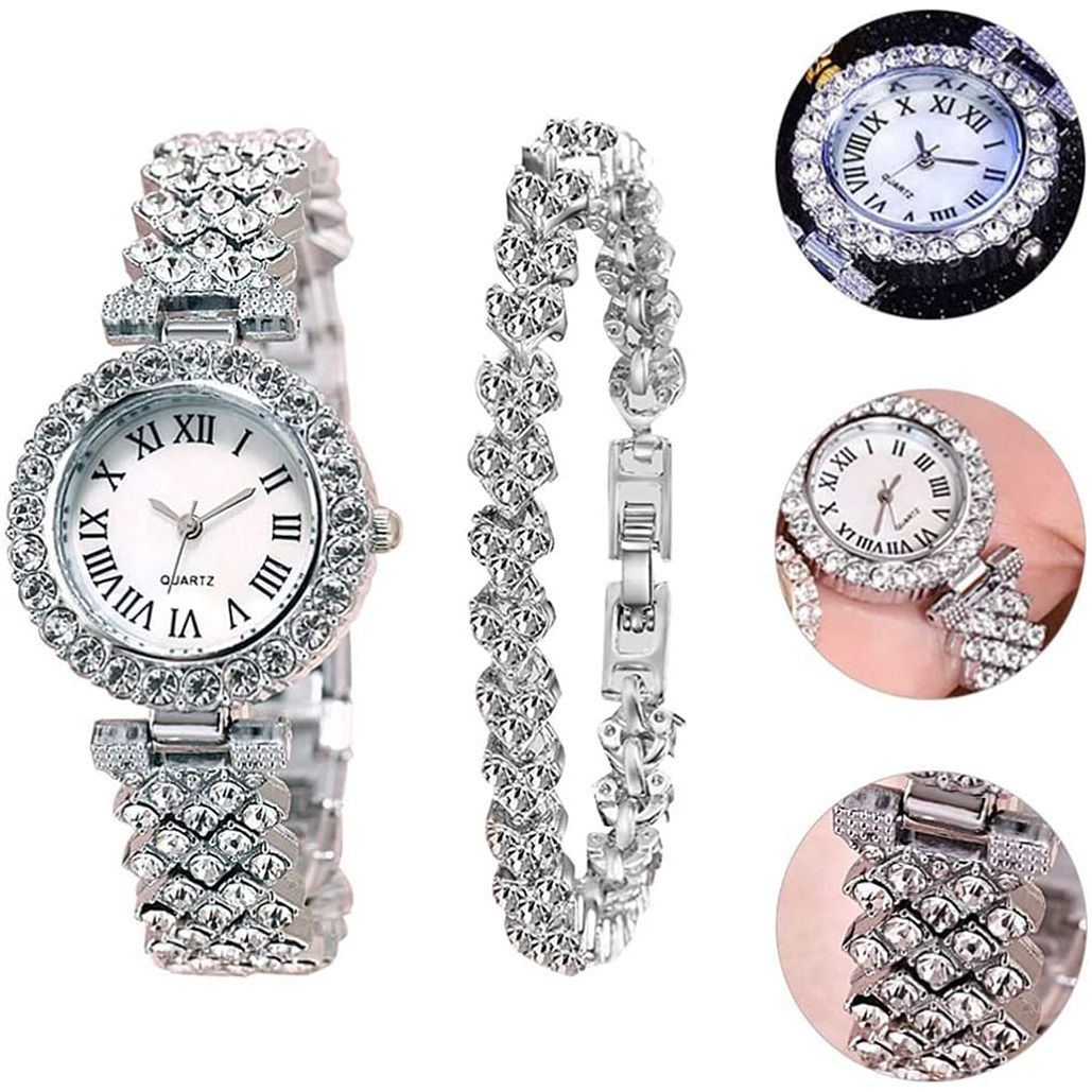 Goodern Rhinestone Watch Set Shiny Quartz Wrist Watch Luxury Diamond Shining Bling Watches with Stainless Steel Bracelet Gift for Wife Women Girls Friends Birthday Present Valentines Day - Silver