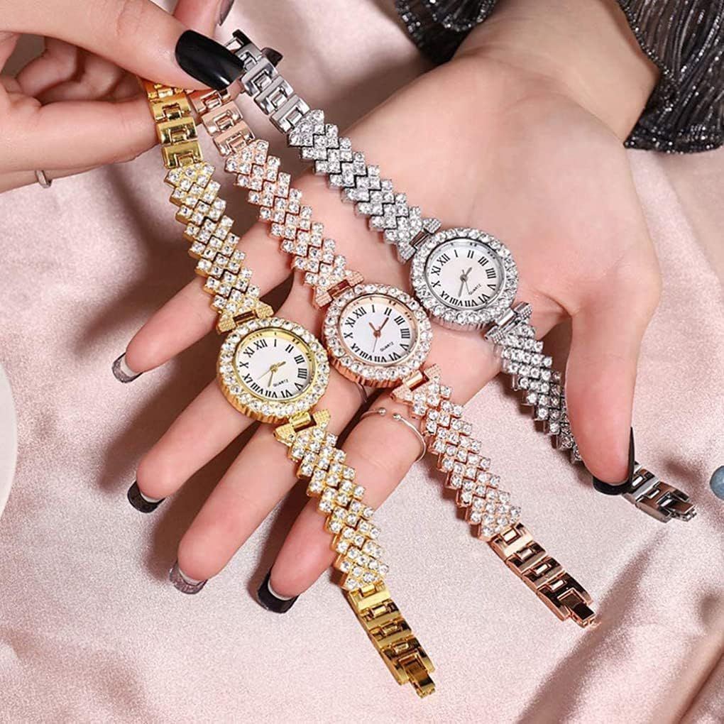 Goodern Rhinestone Watch Set Shiny Quartz Wrist Watch Luxury Diamond Shining Bling Watches with Stainless Steel Bracelet Gift for Wife Women Girls Friends Birthday Present Valentines Day - Silver