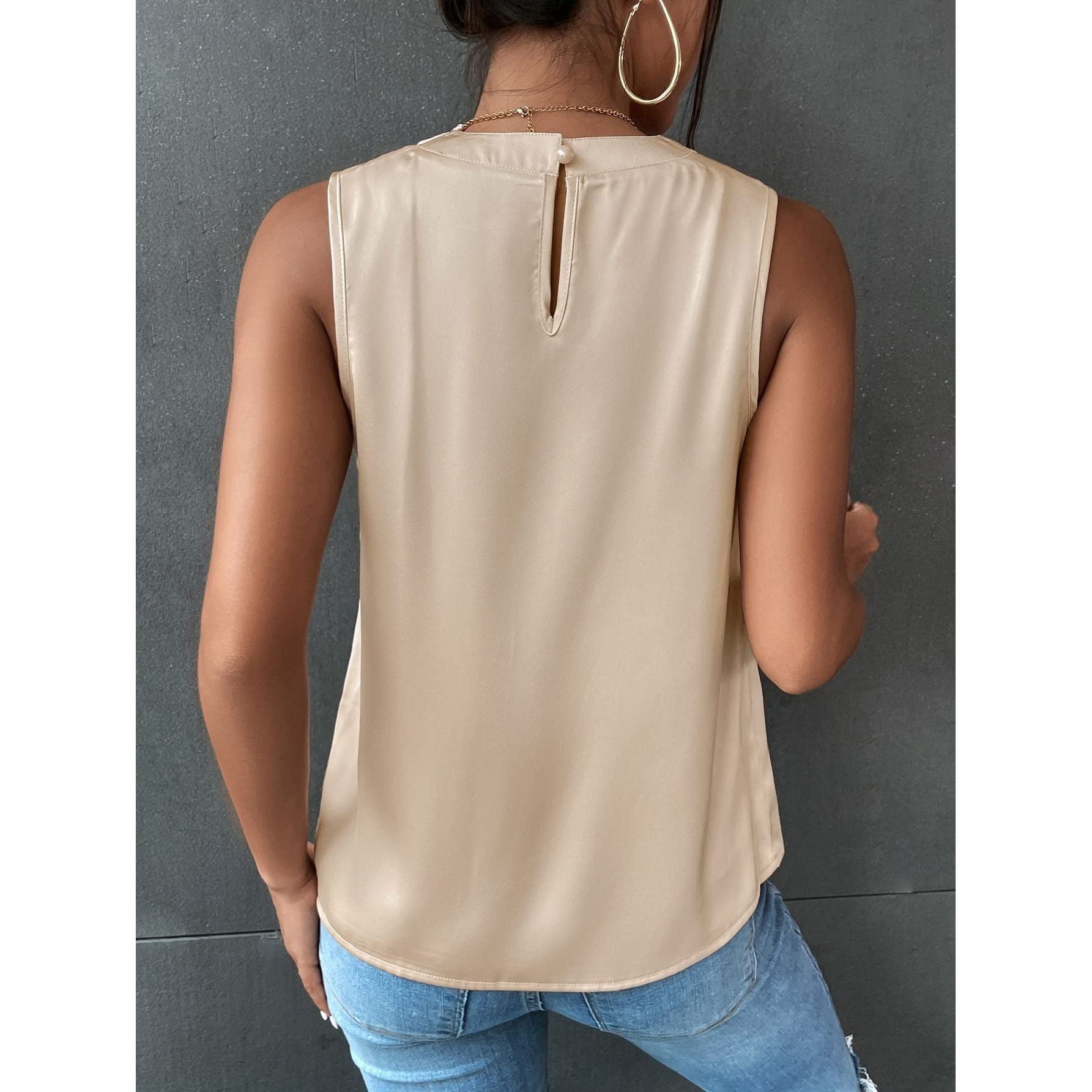 GORGLITTER Women's Elegant Cowl Neck Sleeveless Satin Draped Blouse Top