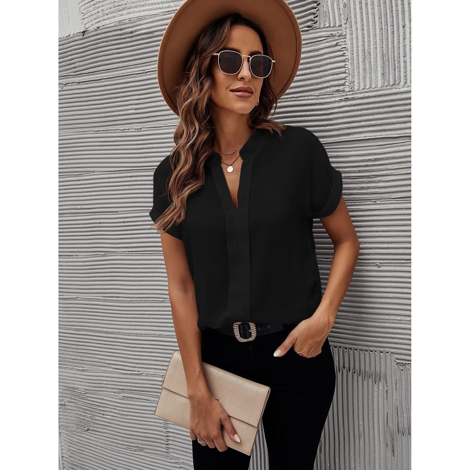 SHEIN Women's Notched V Neck T Shirts Roll Up Short Sleeve Summer Office Blouses Tops