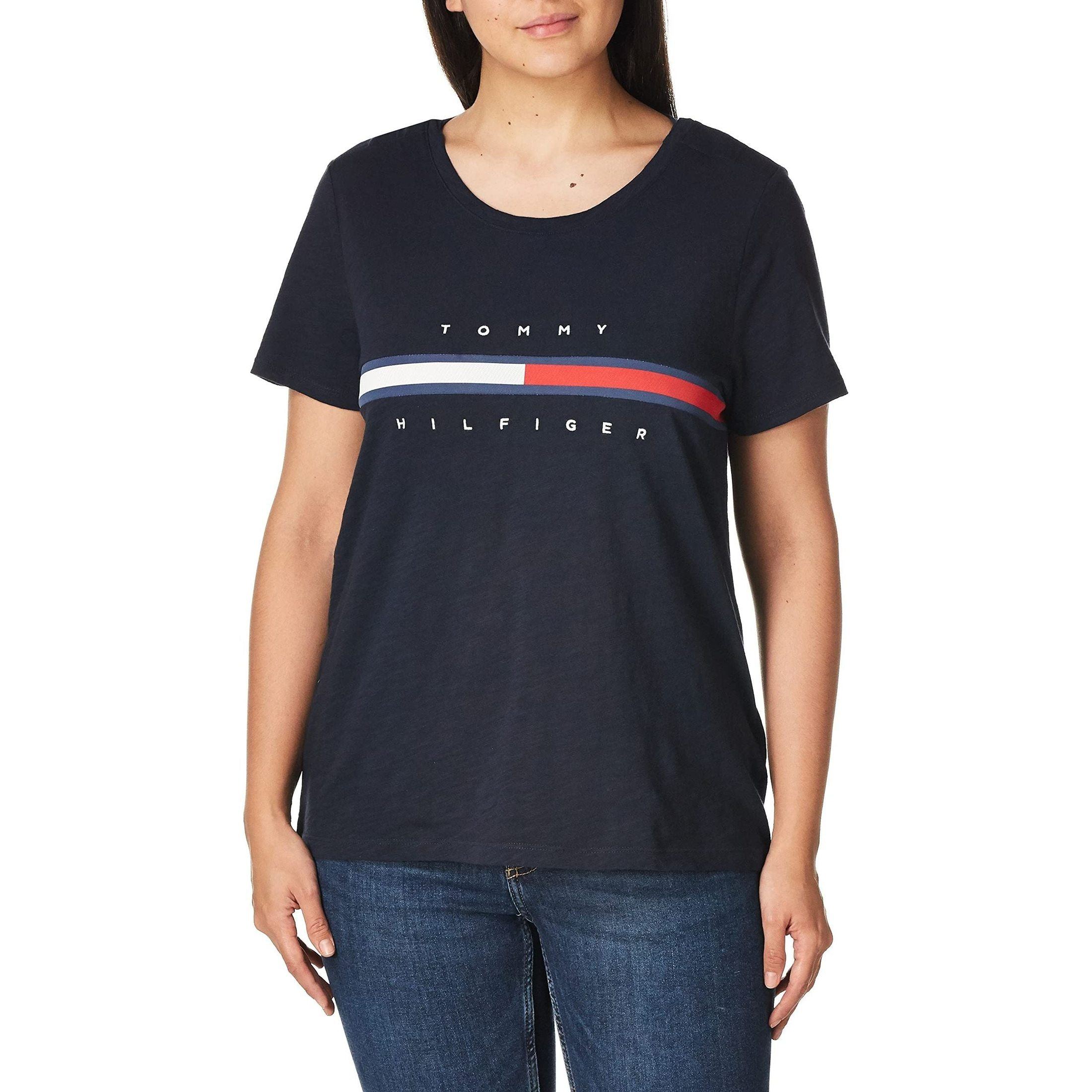 Tommy Hilfiger womens T Shirt with Magnetic Buttons Signature Stripe Tee T-Shirt