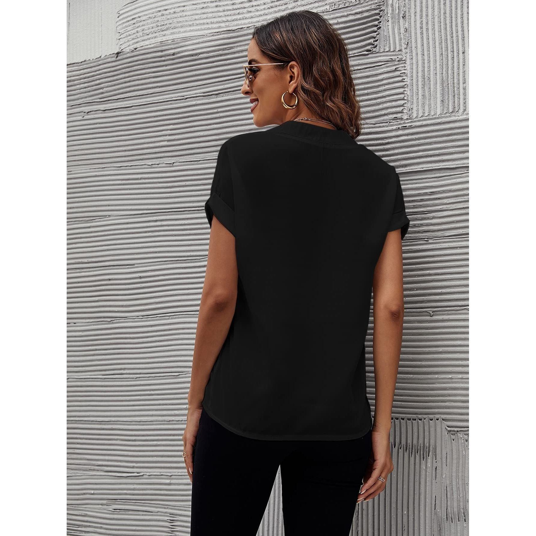 SHEIN Women's Notched V Neck T Shirts Roll Up Short Sleeve Summer Office Blouses Tops