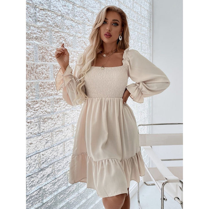 Womens Long Sleeve Tunic Dress Casual V Neck Loose Layer Ruffle Tiered Dress A-Line Solid Color Vintage dresses - Jointcorp