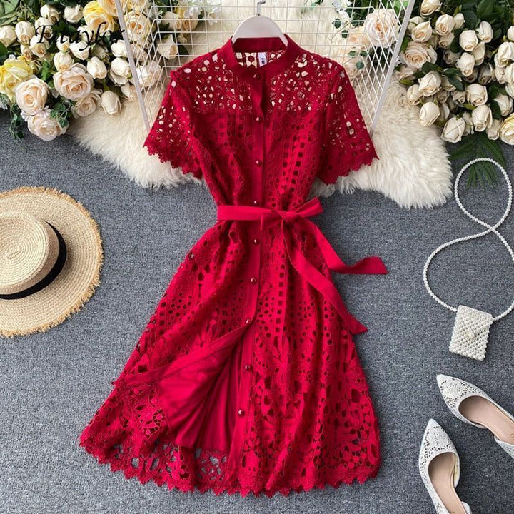 Summer Women Vintage Hollow Out Short Sleeve Overknee Dress Vintage dresses - Jointcorp