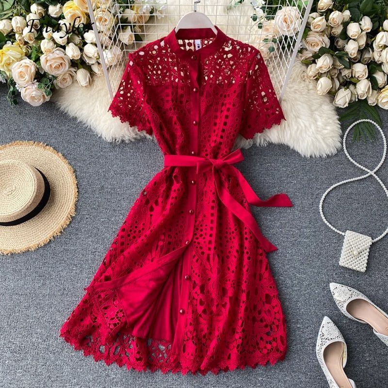 Summer Women Vintage Hollow Out Short Sleeve Overknee Dress Vintage dresses - Jointcorp