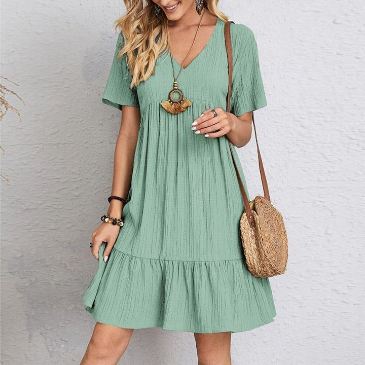 Vintage Women A-Line Mini Dress 2022 Summer Fashion Casual V-Neck High Waist Solid Elegant Party Dresses Lady Short Sleeve Dress - Jointcorp
