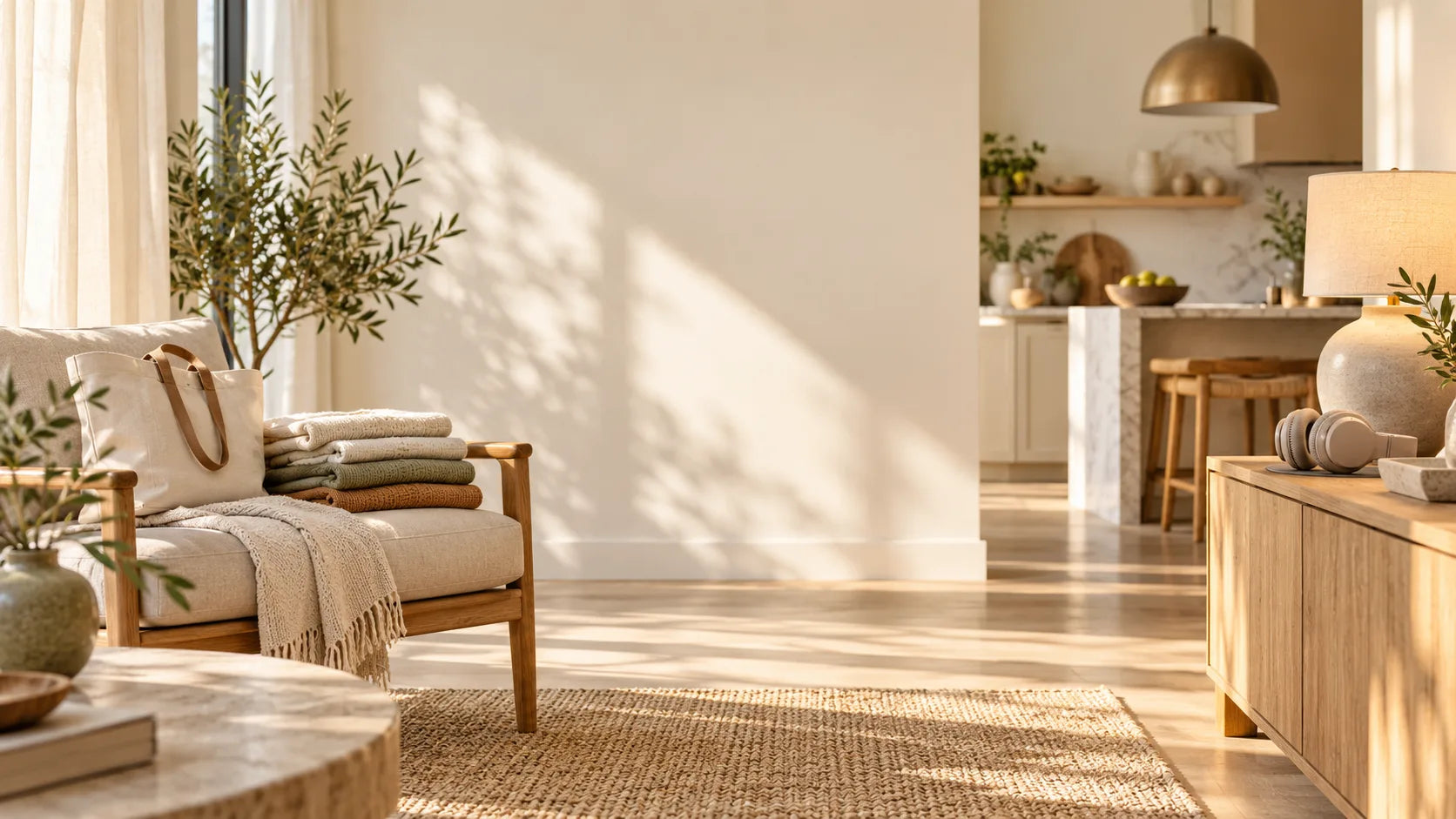 Sunlit contemporary home with neutral textiles, headphones, and kitchen details