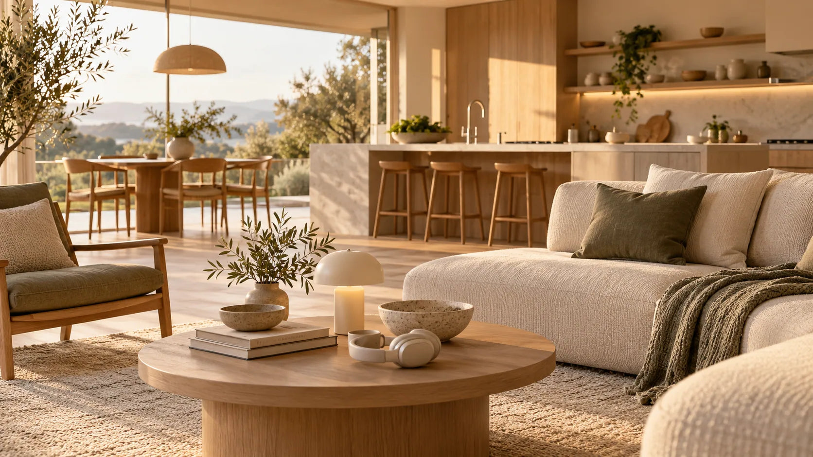 Sunlit contemporary living and kitchen space