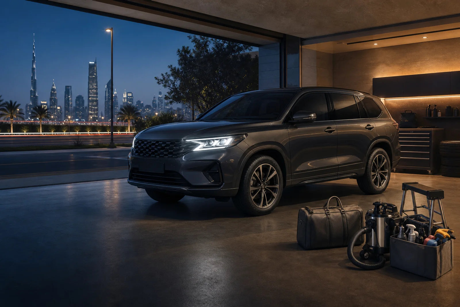 Premium SUV and car-care accessories in a modern garage