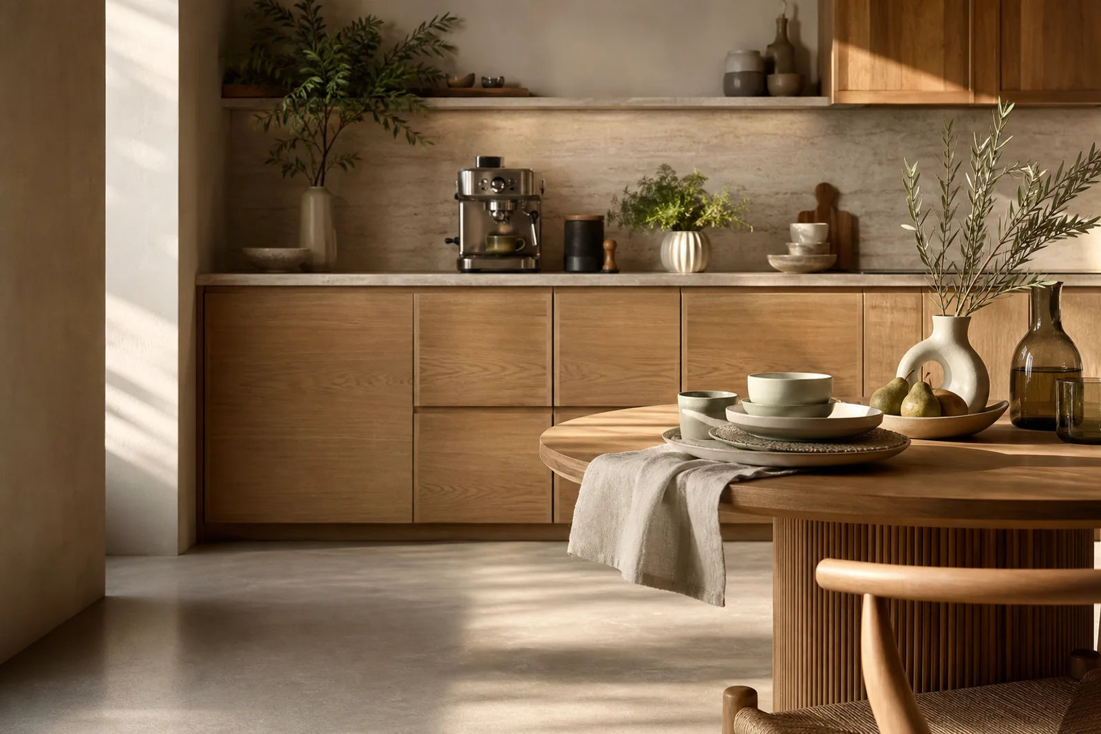 Warm contemporary kitchen and dining space