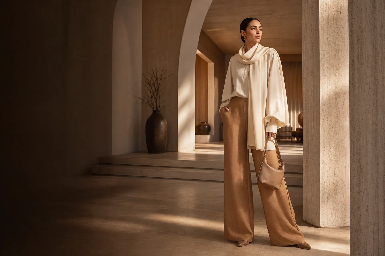 Woman wearing an elegant neutral contemporary outfit